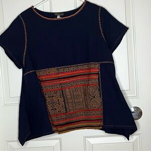 Chitralada Navy and Multicolor Patterned Women's Top